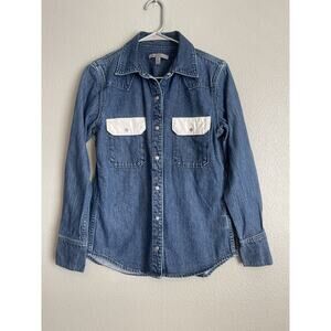 Calvin Klein Women’s Small Western Denim Shirt Contrast Cord White Pockets Blue